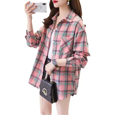 Women Cotton Plaid Shirt Long Sleeve Retro Korean Style