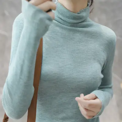 Women High Collar Blue Pullover Sweater with Long Sleeve
