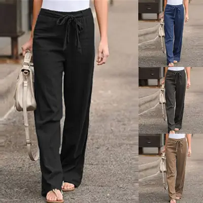2023 Women's Elastic Waist Wide Leg Pants Black Linen