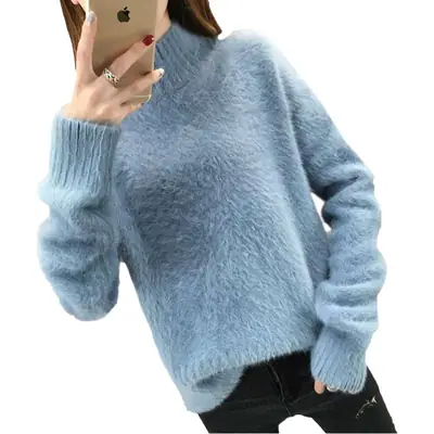 Women's Blue Knitted Half-Turtleneck Sweater
