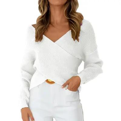 Women Cross V Neck Knit Sweater White 2025