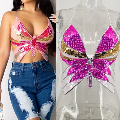 Sexy Butterfly Sequin Vest Top for Women