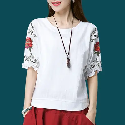 White Literary Embroidered T-Shirt for Women Slim Fit