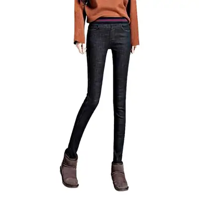 Women Fleece Lined Skinny Pants Navy Blue High Waist