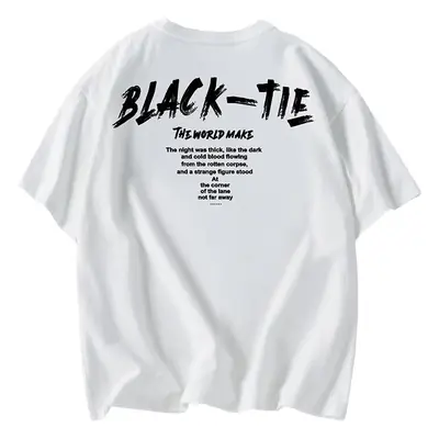 Men White Cotton T-Shirt Crazy World Black Tie Print