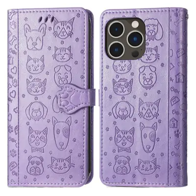 Cute Cat & Dog Embossed Leather Phone Case Mint Green