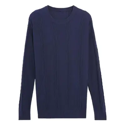 Men's Navy Blue Round Neck Jacquard Sweater Long Sleeve Slim Fit