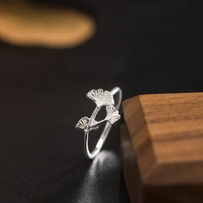 Su 18 S925 Silver Leaf Ring Female Fashion Ginkgo Open