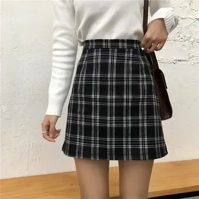 Women Plaid Skirt Black A-Line Slimming Hip Ins