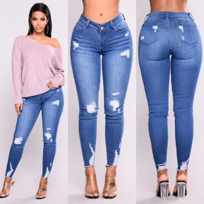 Women Stretch Ripped High Waist Jeans Blue