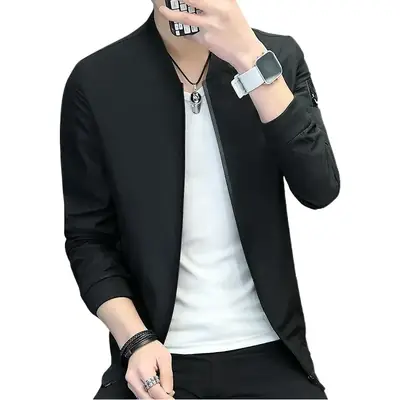 Men's Black Slim Fit Baseball Collar Jacket with Zip Front