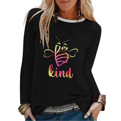 Women's Red Printed Long Sleeve T-Shirt with Kind Bee Design
