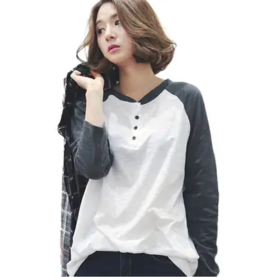 Women Long Sleeve White Black T-Shirt Mid Length Loose