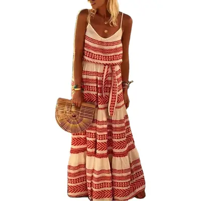 Women Printed V-Neck Beach Suit Green White