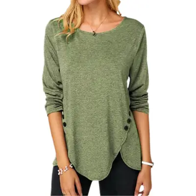 2021 Button Irregular Long Sleeve Women's T-Shirt Blue