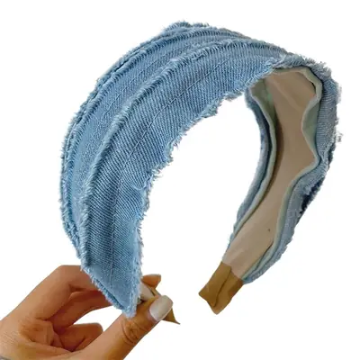 Blue Retro Denim Pleated Hair Band with Wide Bristles