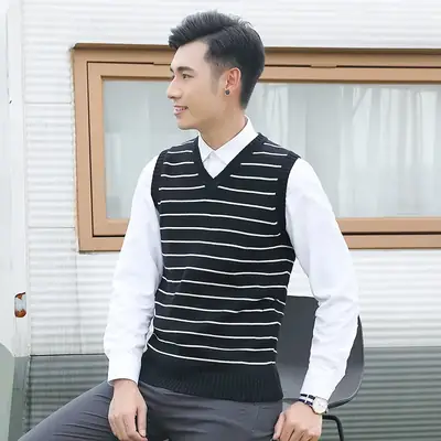 Men V-Neck Striped V-Neck Vest Navy White