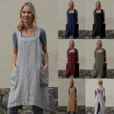 Women Cotton Linen Long Apron Set Grey