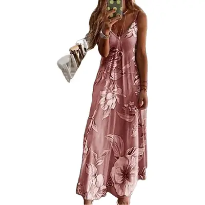 Blue Floral V-Neck Sleeveless Long Dress