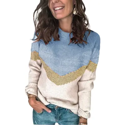 2023 Knit Pullover Blue Beige Contrasting Raglan Sleeve