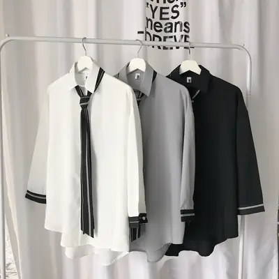 Men's Lazy Fashion Shirt Black White Tie Top Seven Point Sleeve