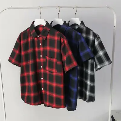 2020 Men Plaid Short Sleeve Summer Shirt Set