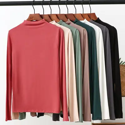 Women's 2021 Half-Turtleneck Long Sleeve T-Shirt White Modal