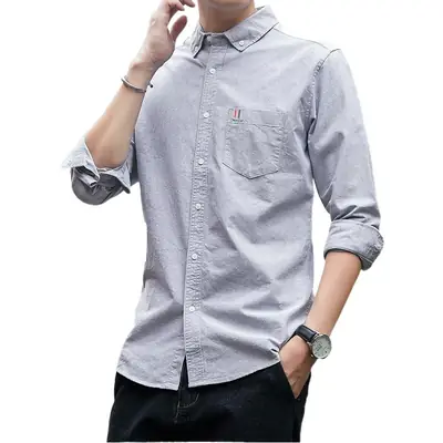 Men's Long Sleeve Cotton Oxford Shirt Grey Slim Fit