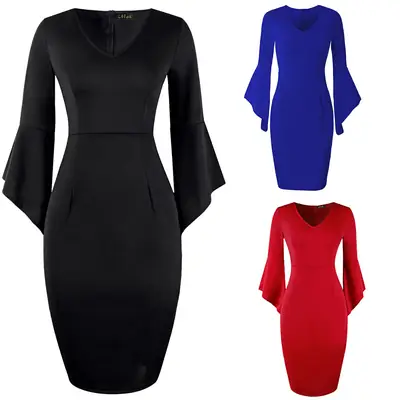 White Bell Sleeve V-Neck Slim Fit Pencil Dress