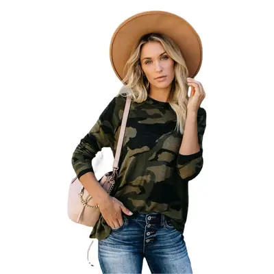 Women Leopard Print Long Sleeve T-Shirt Camo Bottom