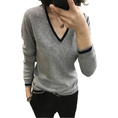 Women Grey V-Neck Knitted Sweater Low Neck Base Layer