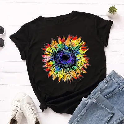 Women Cotton Sunflower Print T-Shirt Yellow