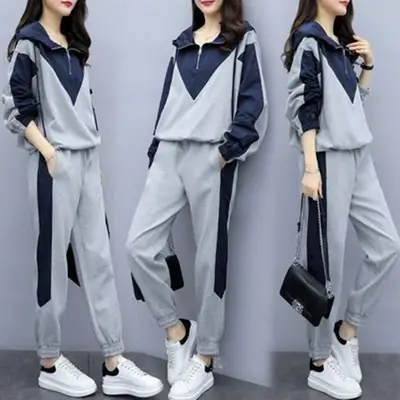 Plus-Size Women Black Grey Patchwork Track Suit Set