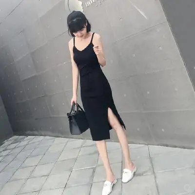 Black Long Sleeve Knitted Dress with Side Slit 2024