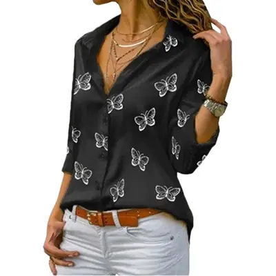 Women's White Butterfly Print Loose Lapel Shirt 2020