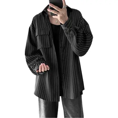 Men Striped Long Sleeve Shirt Black Casual Harajuku Style