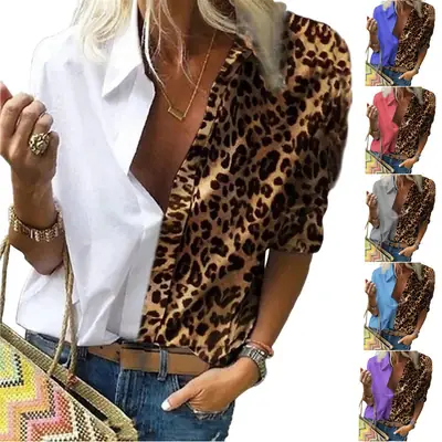 Women Long Sleeve Printed Leopard Shirt with Chiffon Overlay