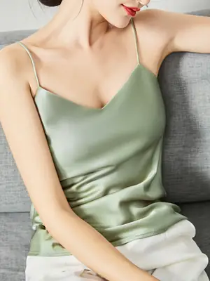 Silver Satin V-Collar Strap Vest for Women
