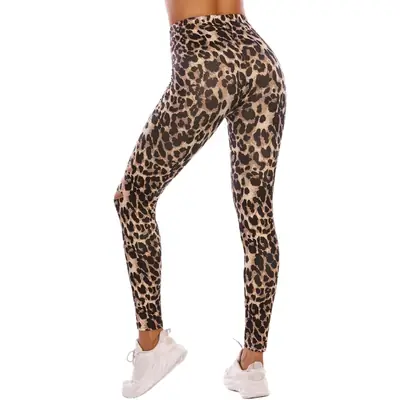 Women Leopard Print Ripped Leggings High Waist Sports Yoga Pants