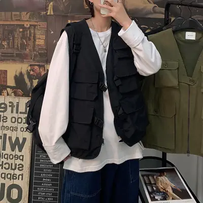 2020 Summer Vest Black Multi Pocket Oversize Workwear Vest