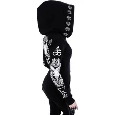 Black Punk Hooded Jacket with Sheep's Head Moon Print S-5XL