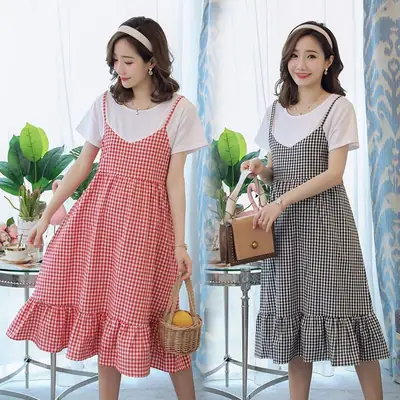 Maternity Dress Red White Checkered Loose Large