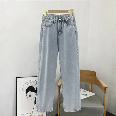 Women Wide Leg Jeans Light Blue Denim Autumn 2020