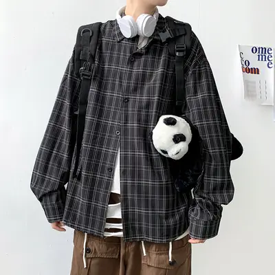 Men Plaid Loose Shirt with Backpack & Panda Bag