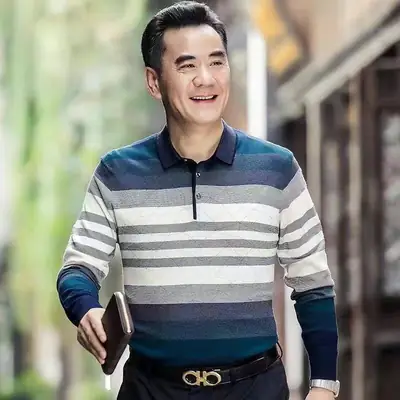 Men's Long Sleeve Lapel T-Shirt Maroon Blue Spring Autumn