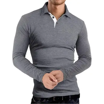 Men's Grey Long Sleeve Polo Shirt with Collar