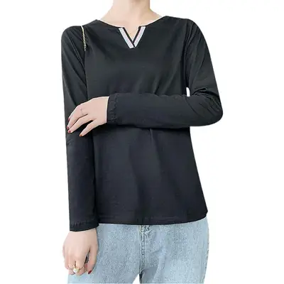Pure Cotton V-Neck Long Sleeve T-Shirt Women Light Blue