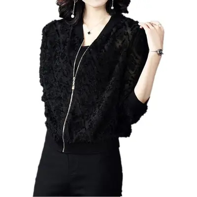 Black Flocked Chiffon Zipper Jacket for Women Spring Fall