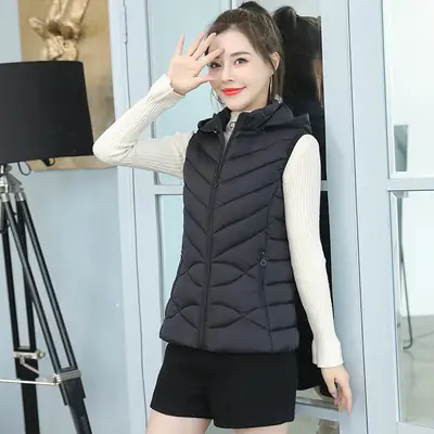 Women's Red Down Vest with Removable Cap