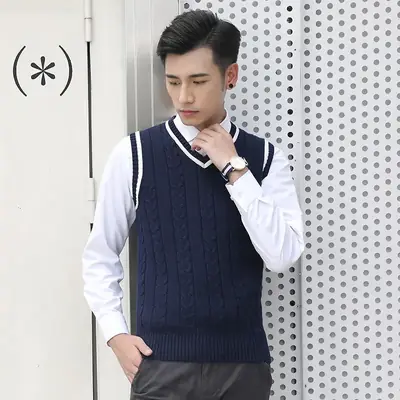 Men's V-Neck Knitted Wool Vest Navy Blue Winter